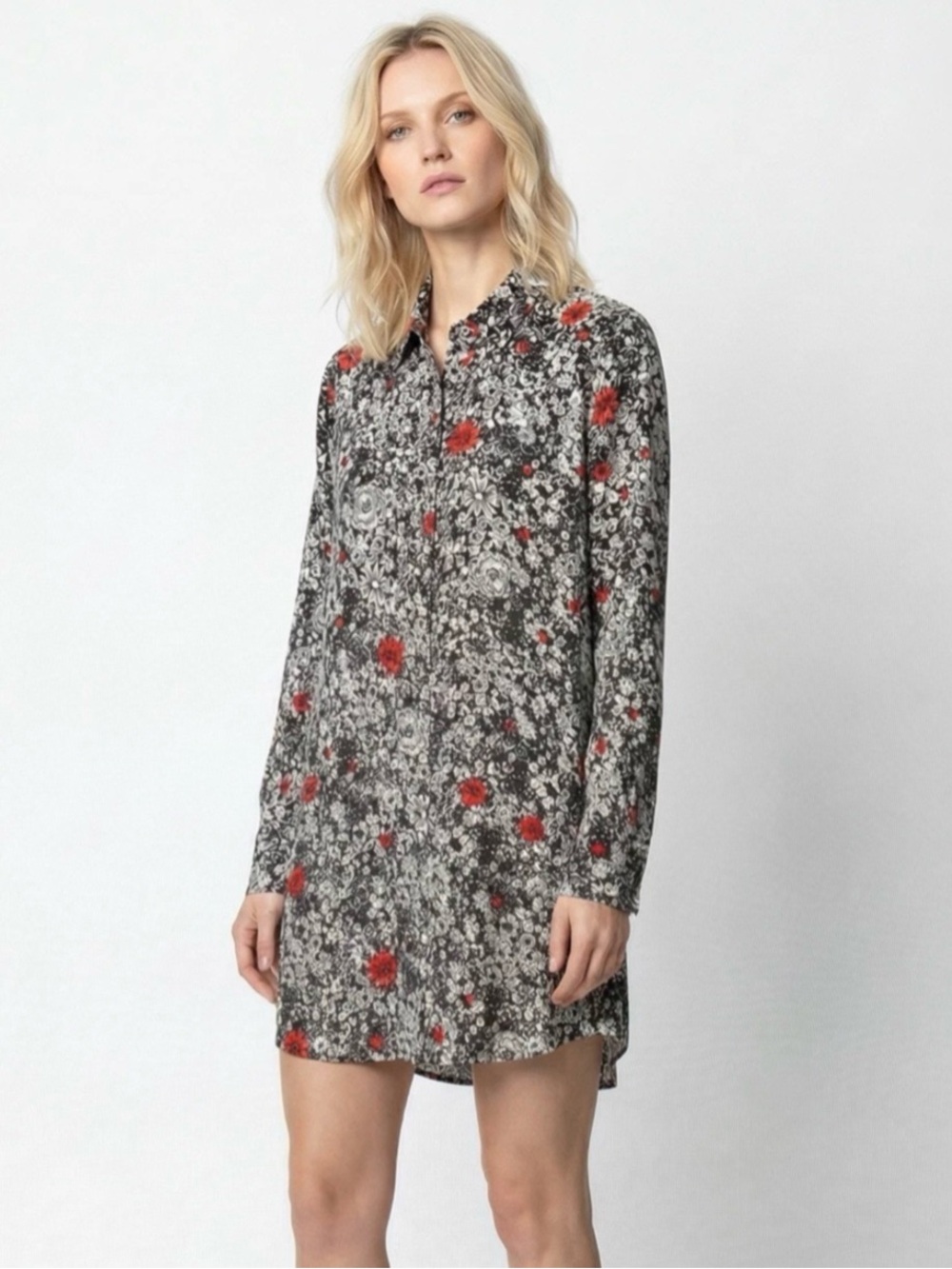 Zadig & Voltaire Women’s Small 100% Silk Long Sleeve Shirt Dress Rubis Print